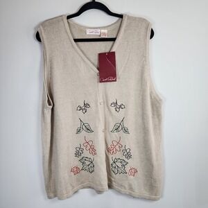 Vintage Carroll Reid Sweater Vest Womens XL Knit Acorns Embroidery Cottagecore